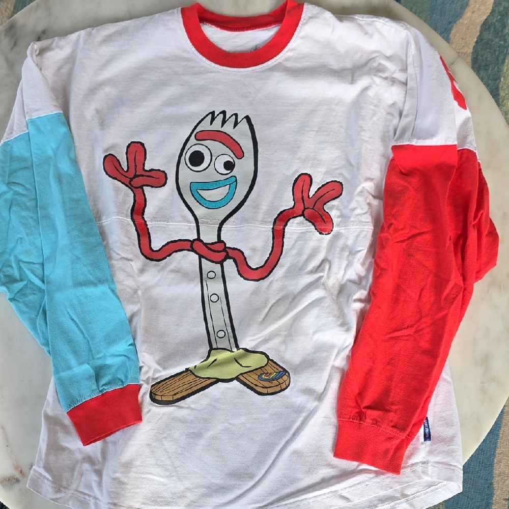Adult White Forky Character Long Sleeve Tee with Red & Aqua Sleeves